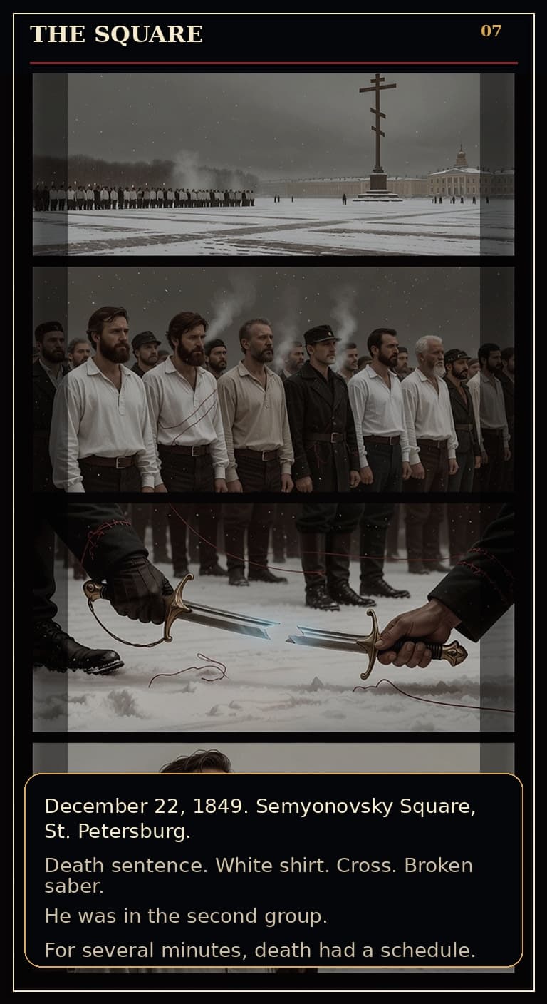 Page 7 of Fyodor Mikhailovich Dostoyevsky: Borrowed Time - Semyonovsky Square becomes the stage for a firing-squad ritual.
