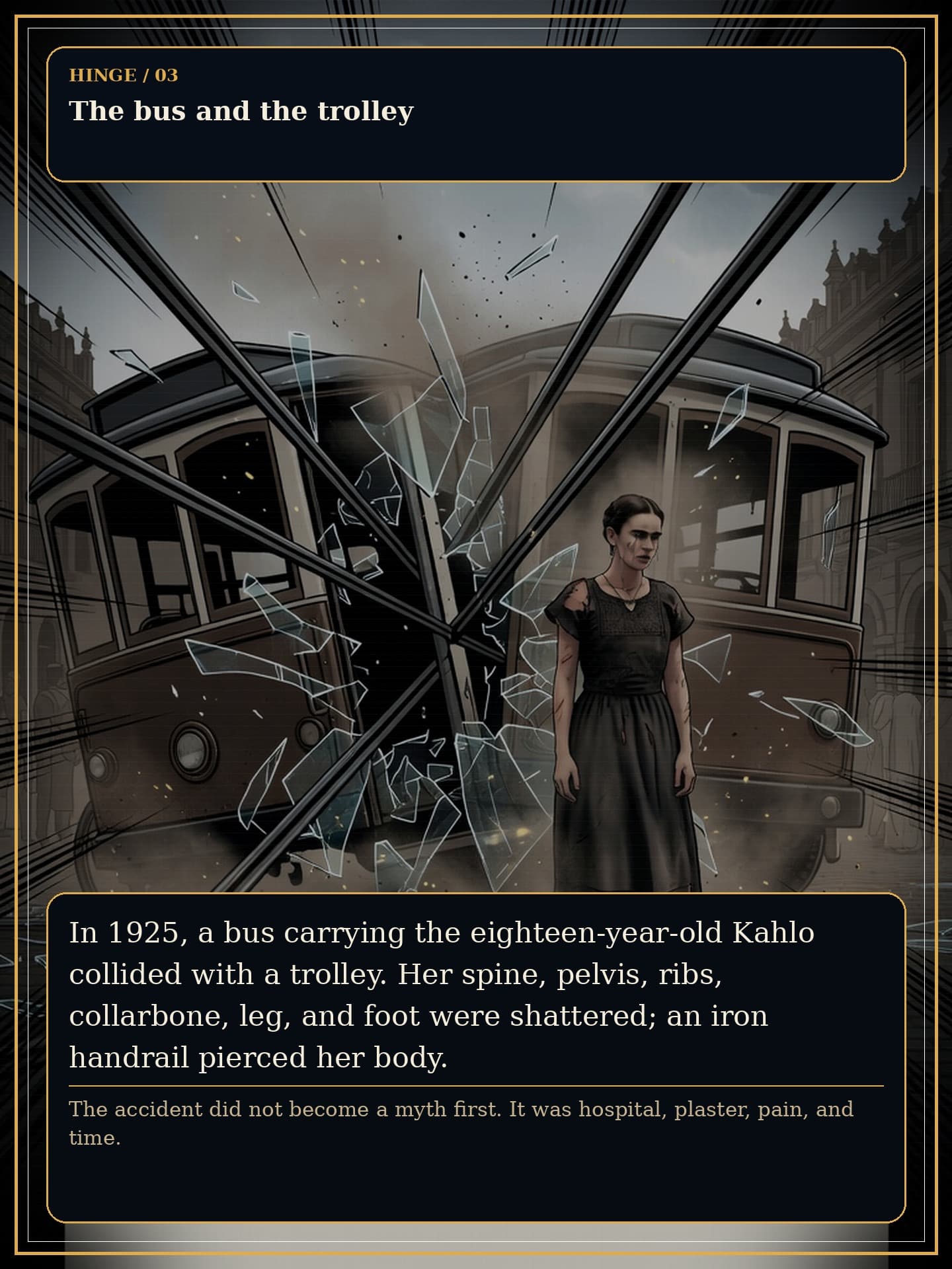 Page 3 of Frida Kahlo: The Broken Mirror - The 1925 collision becomes the central mortality event of the story.