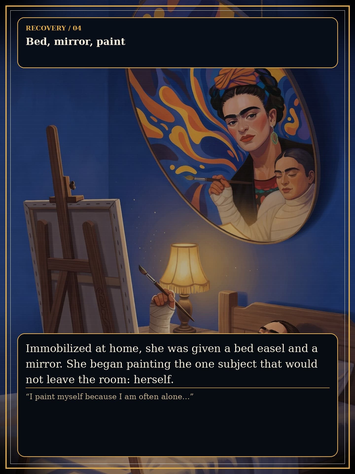 Page 4 of Frida Kahlo: The Broken Mirror - Recovery narrows the room but gives the mirror and canvas new force.